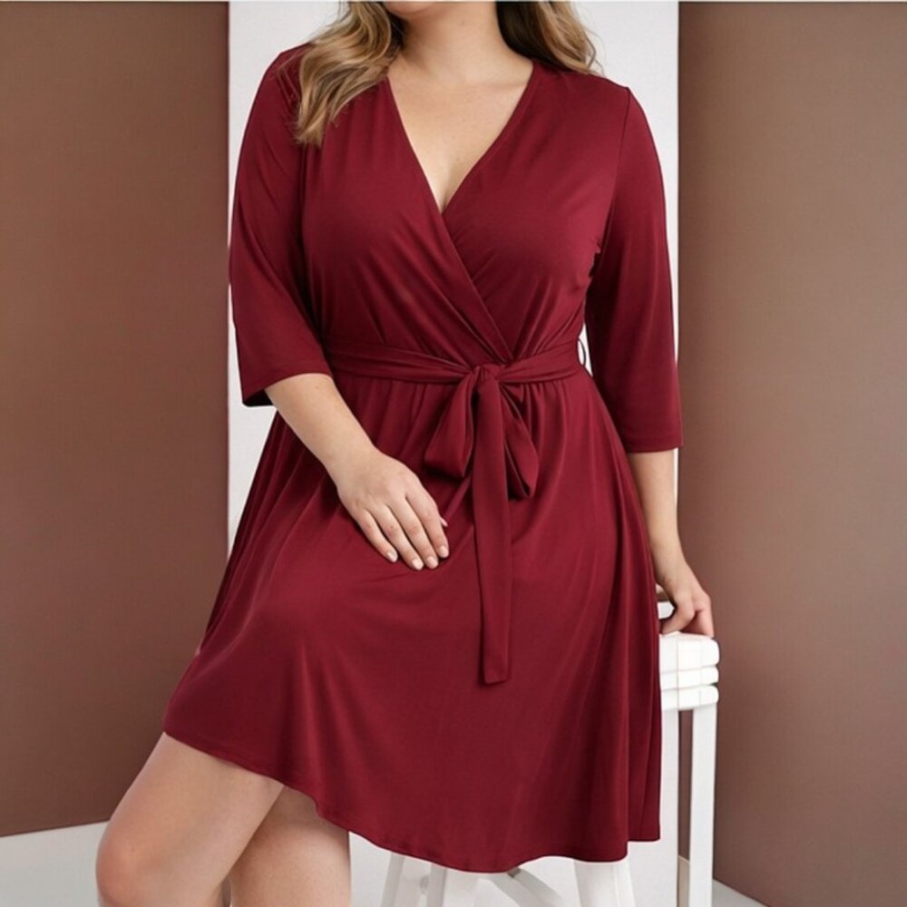Flattering Burgundy Faux Wrap V-Neck Pleated Dress XL Self Tie Belt - Picture 6 of 6